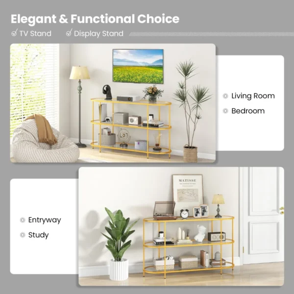 Consoletafel met 3 niveaus tv standaard voor tv's tot 65 inch tv console met gehard glazen planken goud 7