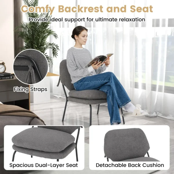 Decoratieve fauteuil zonder armleuningen loungestoel van fleecestof met hoge rugleuning dikke kussens moderne stoel grijs 4
