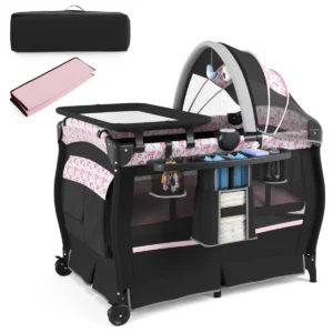 Draagbaar 4 in 1 wiegje met wieg matras luiertafel muziekdoosje verstelbaar dak opbergrekje reistas voor pasgeborene baby roze en zwart 1