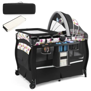 Draagbaar 4 in 1 wiegje met wieg matras luiertafel muziekdoosje verstelbaar dak opbergrekje reistas voor pasgeborene baby zwart 1