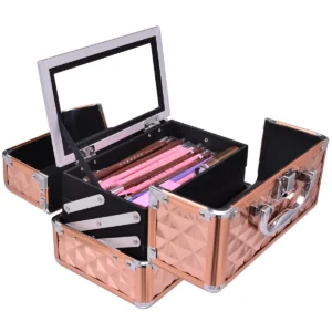 Draagbare kleine make up treinkoffer professionele cosmetische doos met spiegel en verstelbare verdelers 2 dienbladen gouden roos 1