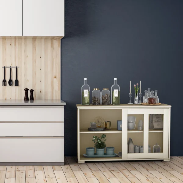 Dressoir met in hoogte verstelbare plank en glazen schuifdeuren buffetkast keuken eetkamerkast crèmewit 6