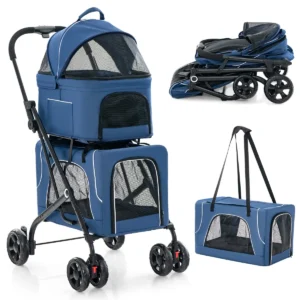 Dubbele kinderwagen voor huisdieren 3 in 1 opvouwbare kinderwagen voor 2 honden of katten met 2 afneembare dragers blauw 1
