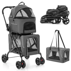 Dubbele kinderwagen voor huisdieren 3 in 1 opvouwbare kinderwagen voor 2 honden of katten met 2 afneembare dragers veiligheidsgordel grijs 1