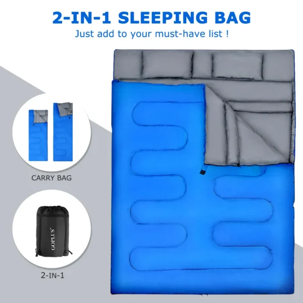 Dubbele slaapzak 2 persoons waterdichte slaapzak met 2 kussens en draagtas voor kamperen en reizen 220x150 cm blauw 6