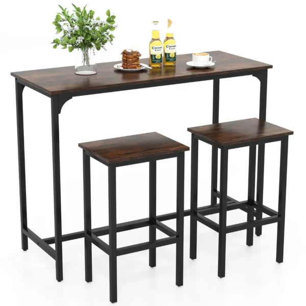Eettafelset van 3 stuks 120 cm industriële keukentafel met 2 barkrukken rechthoekige bartafel en stoelen voor eetkamer bistro bruin 1