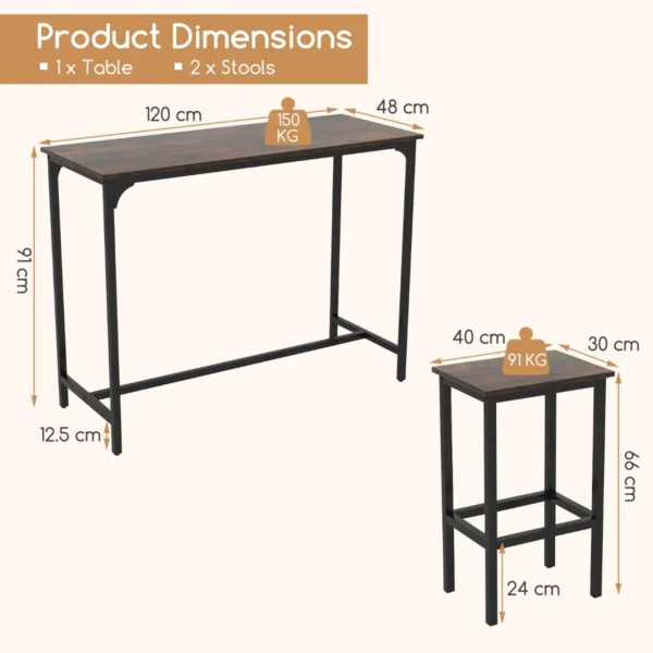 Eettafelset van 3 stuks 120 cm industriële keukentafel met 2 barkrukken rechthoekige bartafel en stoelen voor eetkamer bistro bruin 3