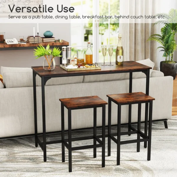 Eettafelset van 3 stuks 120 cm industriële keukentafel met 2 barkrukken rechthoekige bartafel en stoelen voor eetkamer bistro bruin 5