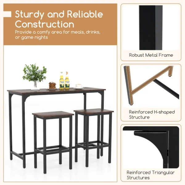 Eettafelset van 3 stuks 120 cm industriële keukentafel met 2 barkrukken rechthoekige bartafel en stoelen voor eetkamer bistro bruin 7