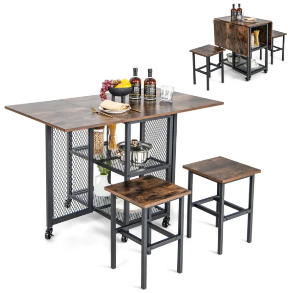 Eettafelset voor 2 personen keukentafel met uittrekbaar tafelblad en inklapbaar metalen frame eetkamertafelset met wielen incl. 2 krukken 1