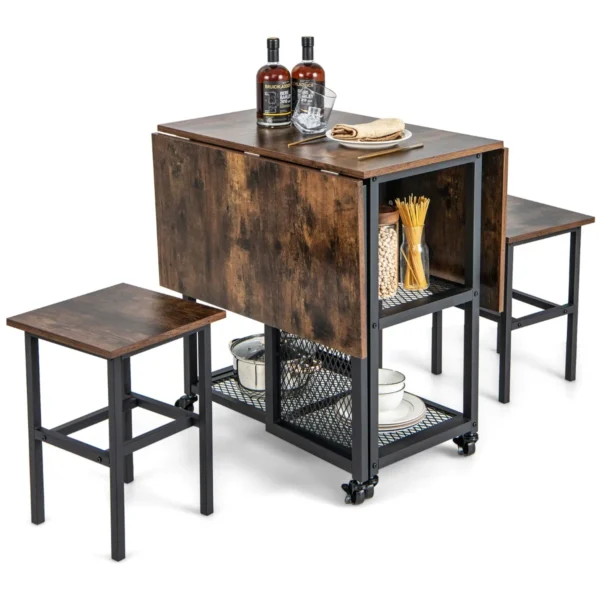 Eettafelset voor 2 personen keukentafel met uittrekbaar tafelblad en inklapbaar metalen frame eetkamertafelset met wielen incl. 2 krukken 2