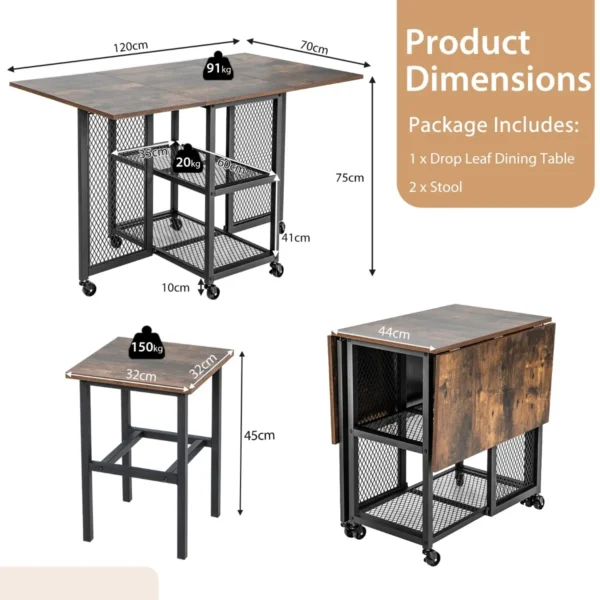 Eettafelset voor 2 personen keukentafel met uittrekbaar tafelblad en inklapbaar metalen frame eetkamertafelset met wielen incl. 2 krukken 4