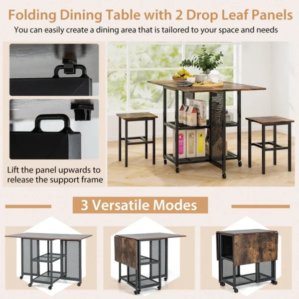 Eettafelset voor 2 personen keukentafel met uittrekbaar tafelblad en inklapbaar metalen frame eetkamertafelset met wielen incl. 2 krukken 6