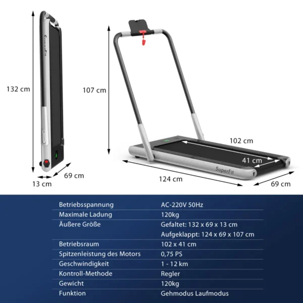 Elektrische loopband 1 12 km/u led display opvouwbare hometrainer fitnessapparaat 120 kg zilver 3