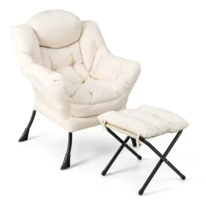 Fauteuil met kruk relaxstoel met armleuningen loungestoel met kussen voor woonkamer slaapkamer kantoor beige 1