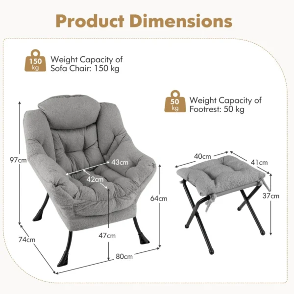 Fauteuil met kruk relaxstoel met armleuningen zijzak en voetensteun loungestoel televisiestoel gevoerde oorfauteuil grijs 2