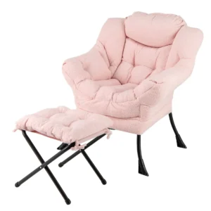 Fauteuil met kruk relaxstoel met armleuningen zijzak en voetensteun loungestoel televisiestoel gevoerde oorfauteuil roze 1