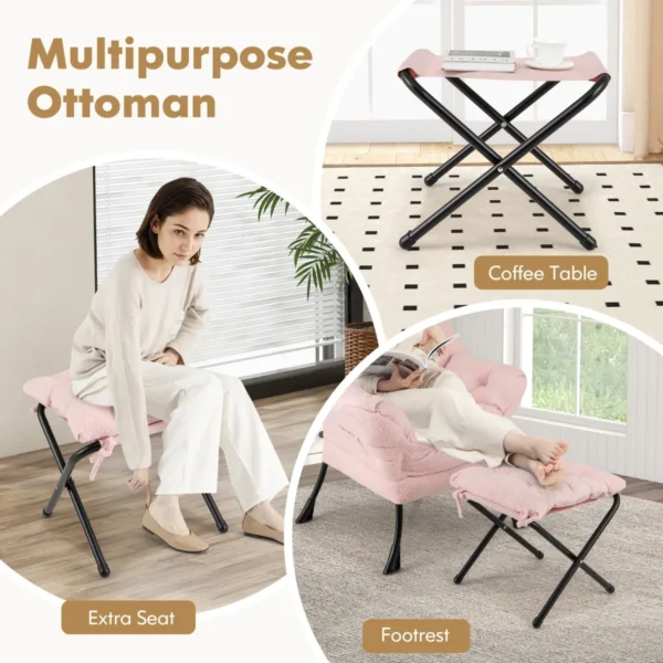 Fauteuil met kruk relaxstoel met armleuningen zijzak en voetensteun loungestoel televisiestoel gevoerde oorfauteuil roze 4