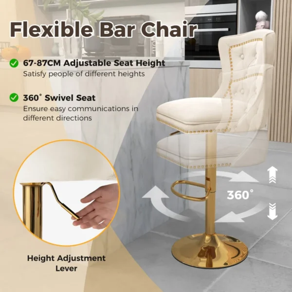 Fluwelen barkrukken set van 2 draaibare barstoel verstelbare zithoogte 67 87 cm metalen frame hoge stoel voor keukeneilanden bistro beige 5