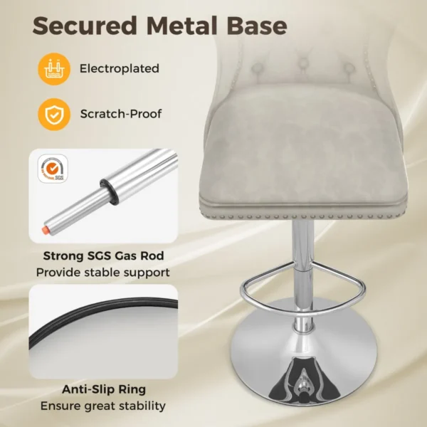 Fluwelen barkrukken set van 2 draaibare barstoel verstelbare zithoogte 67 87 cm metalen frame hoge stoel voor keukeneilanden bistro grijs 4