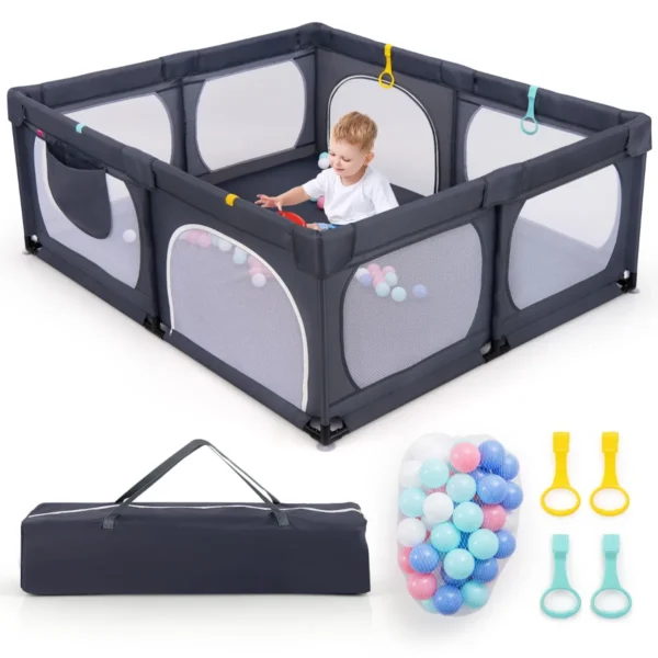 Grote babybox met 50 oceaanballen en 4 handringen kruipruimte met ademend net box voor peuters 189 x 158 x 68 cm (donkergrijs) 1