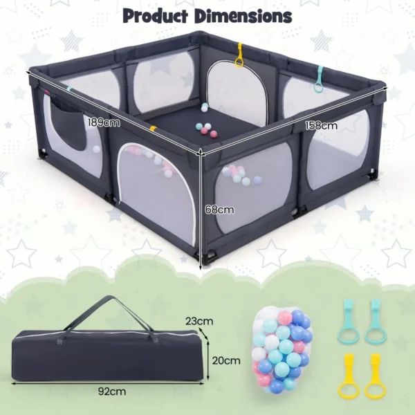 Grote babybox met 50 oceaanballen en 4 handringen kruipruimte met ademend net box voor peuters 189 x 158 x 68 cm (donkergrijs) 3