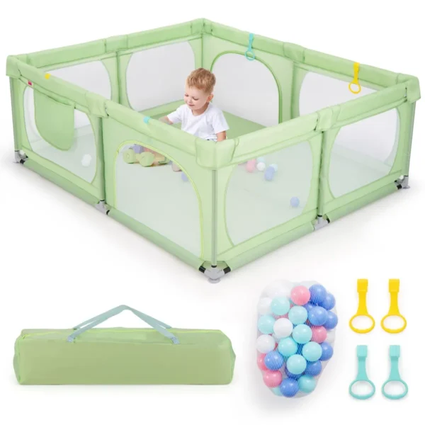 Grote babybox met 50 oceaanballen en 4 handringen kruipruimte met ademend net box voor peuters 189 x 158 x 68 cm (groen) 1