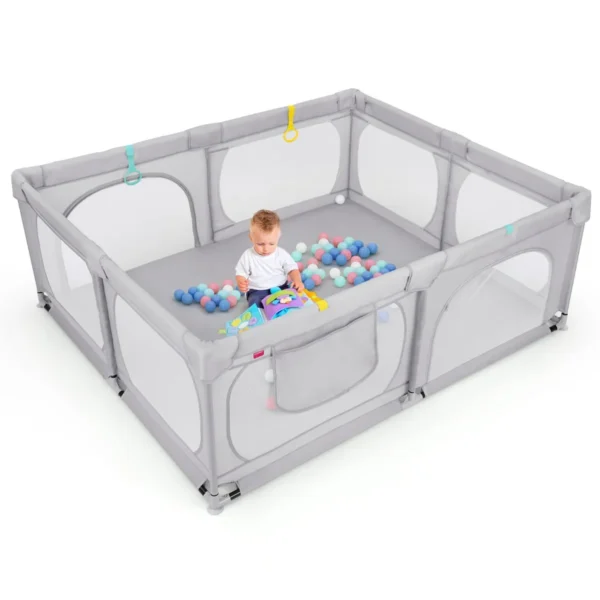 Grote babybox met 50 oceaanballen en 4 handringen kruipruimte met ademend net box voor peuters 189 x 158 x 68 cm (lichtgrijs) 2