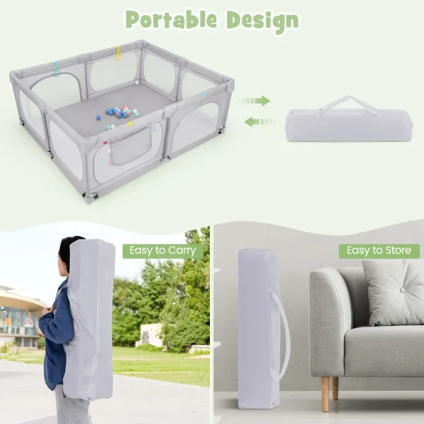 Grote babybox met 50 oceaanballen en 4 handringen kruipruimte met ademend net box voor peuters 189 x 158 x 68 cm (lichtgrijs) 6