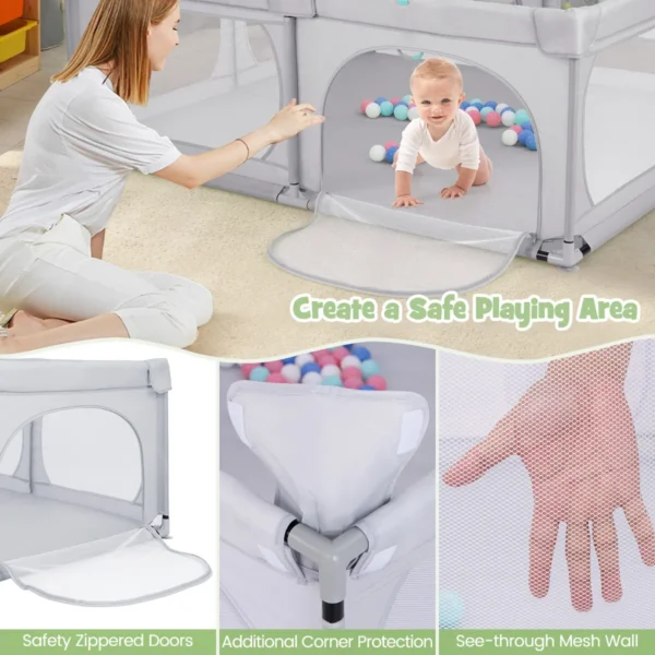 Grote babybox met 50 oceaanballen en 4 handringen kruipruimte met ademend net box voor peuters 189 x 158 x 68 cm (lichtgrijs) 7