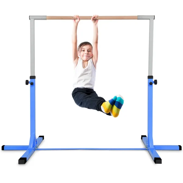 Gymnastiektraining rekstok in hoogte verstelbaar 90cm 150cm kindertrainingspaal met antislip rubberen zool beukenhouten stang blauw 1