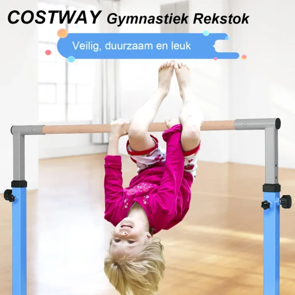 Gymnastiektraining rekstok in hoogte verstelbaar 90cm 150cm kindertrainingspaal met antislip rubberen zool beukenhouten stang blauw 3