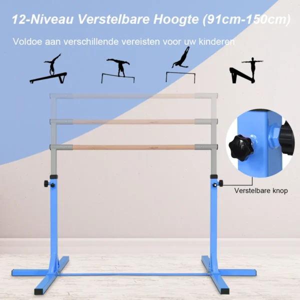Gymnastiektraining rekstok in hoogte verstelbaar 90cm 150cm kindertrainingspaal met antislip rubberen zool beukenhouten stang blauw 4