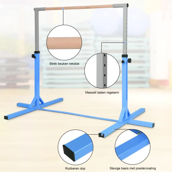 Gymnastiektraining rekstok in hoogte verstelbaar 90cm 150cm kindertrainingspaal met antislip rubberen zool beukenhouten stang blauw 6