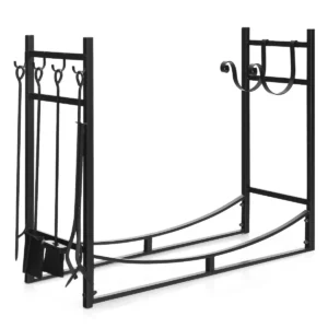 Haardhoutrek met 4 delige haardbestek set brandhoutrek metaal haardhoutrek haardaccessoires haardgarnituur zwart 1