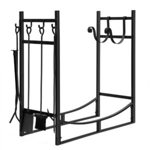Haardhoutrek met 4 delige haardbestek set brandhoutrek metaal haardhoutrek haardaccessoires zwart (76 x 33 x 76 cm) 1