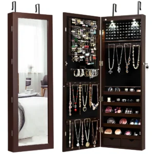 Hangende sieradenkast 2 in 1 spiegelkast met led verlichting & lades sieradenorganizer voor wand /deurmontage bruin 1