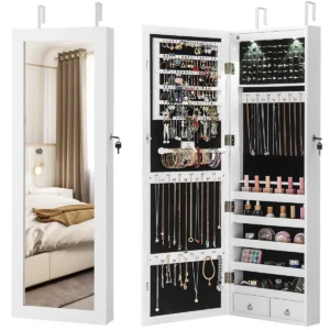 Hangende sieradenkast 2 in 1 spiegelkast met led verlichting & lades sieradenorganizer voor wand /deurmontage wit 1
