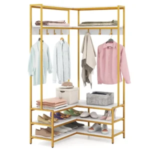 Hoek kledingrek open planken 7 haken solide metalen frame anti kantelset organiser voor slaapkamer garderobe goud 1