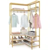 Hoek kledingrek open planken 7 haken solide metalen frame anti kantelset organiser voor slaapkamer garderobe goud 2