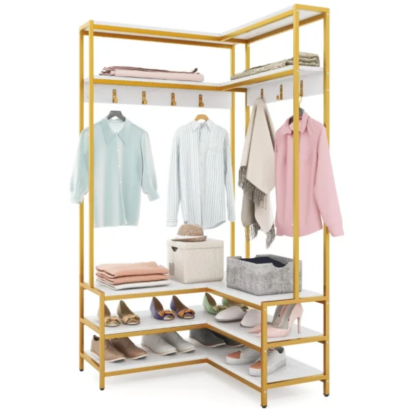 Hoek kledingrek open planken 7 haken solide metalen frame anti kantelset organiser voor slaapkamer garderobe goud 2