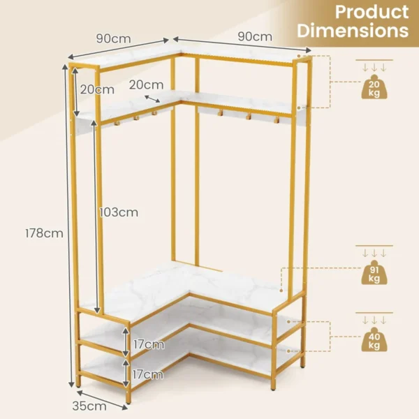 Hoek kledingrek open planken 7 haken solide metalen frame anti kantelset organiser voor slaapkamer garderobe goud 3