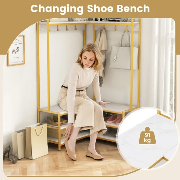 Hoek kledingrek open planken 7 haken solide metalen frame anti kantelset organiser voor slaapkamer garderobe goud 4