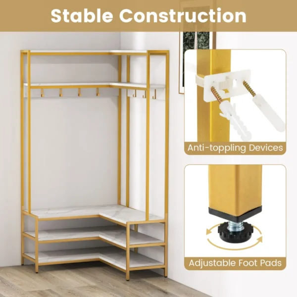 Hoek kledingrek open planken 7 haken solide metalen frame anti kantelset organiser voor slaapkamer garderobe goud 5