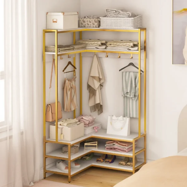Hoek kledingrek open planken 7 haken solide metalen frame anti kantelset organiser voor slaapkamer garderobe goud 7