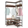 Hoek kledingrek open planken 7 haken solide metalen frame anti kantelset organiser voor slaapkamer garderobe okkernoot 2