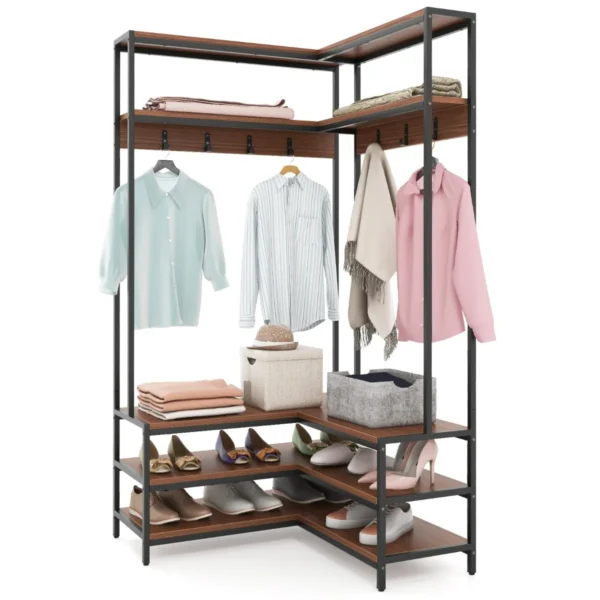 Hoek kledingrek open planken 7 haken solide metalen frame anti kantelset organiser voor slaapkamer garderobe okkernoot 2