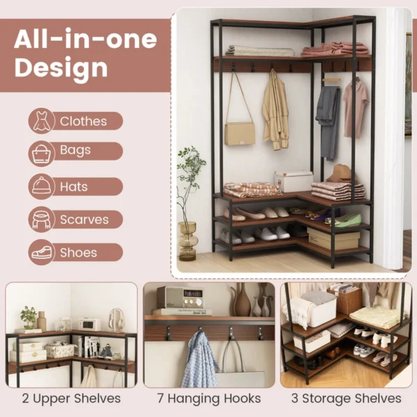 Hoek kledingrek open planken 7 haken solide metalen frame anti kantelset organiser voor slaapkamer garderobe okkernoot 4