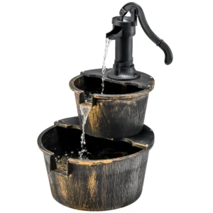 Houten fontein met waterpomp tuinfontein houten vat voor tuin terras gazon achtertuin antiek brons 1