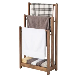 Houten handdoekhouder met 3 handdoekstangen & onderste plank en kantelbeveiliging droogrek voor badkamers/hotels bruin 1